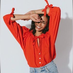 Cleobella Rylan Tie-Neck Button Up Blouse Cherry Red | Small
